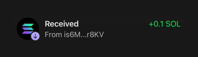 A cryptocurrency wallet notification showing a received transaction of +0.1 SOL from an address starting with 'is6M...r8KV' on a dark background.