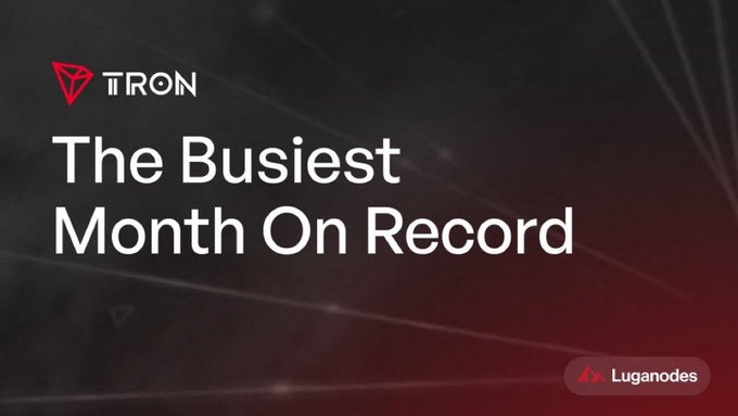 The image is a promotional graphic featuring the TRON logo and the headline "The Busiest Month On Record," with Luganodes branding in the corner. It visually reinforces the post's announcement of TRON's record-breaking June, during which 385,772,382 transactions were processed—including two new all-time daily records set just five days apart.