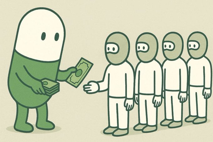 A simple cartoon illustration depicting a green character paying a line of identical masked figures in hazmat-style suits with green money.