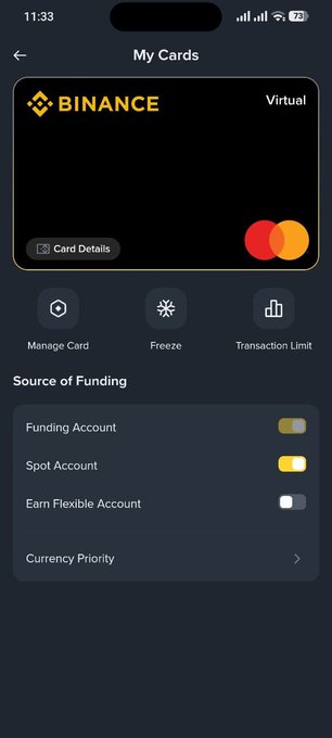 A mobile screenshot of a Binance app showing a virtual Mastercard with options to manage the card, freeze it, or set a transaction limit, along with funding source settings.