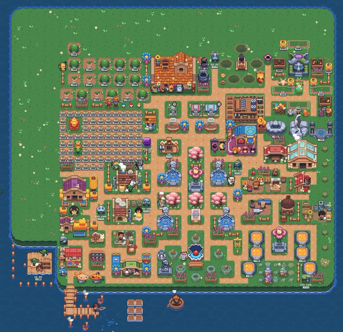A vibrant pixel-art farm layout in Sunflower Land showcases an elaborate player base with organized crop fields, decorative monuments, buildings, and a dock area. The post aligns as it celebrates the completion of the final expansion on Swamp Island, with the player eagerly anticipating the next milestone—the Spooky Island Ascension on September 7, 2026.