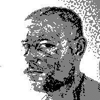 A black-and-white stylized portrait illustration of a man's face in profile, shown with a halftone dot pattern effect.