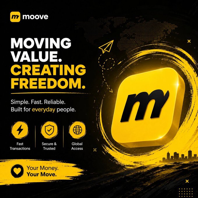 Moove promotional graphic with the tagline 'MOVING VALUE. CREATING FREEDOM.' featuring a large yellow 'm' logo and highlighting 'Fast Transactions,' 'Secure & Trusted,' and 'Global Access.'