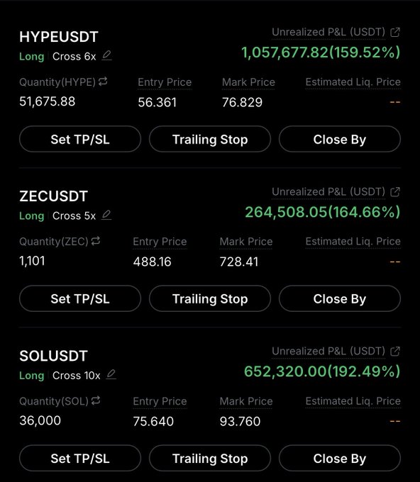 Cryptocurrency trading portfolio screen showing large unrealized profits on long positions: HYPEUSDT with 159.52% gain ($1,057,677.82), ZECUSDT with 164.66% gain ($264,508.05), and SOLUSDT with 192.49% gain ($652,320.00).
