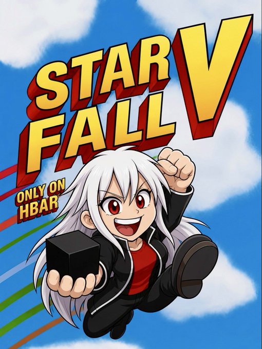 A vibrant, anime-style promotional graphic for "STAR FALL V" with the text "ONLY ON HBAR," depicting a white-haired character in a black jacket joyfully leaping forward while holding a black cube against a bright blue sky.