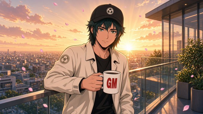 An anime-style illustration shows a young man with teal hair wearing a beige jacket and black cap, holding a white mug labeled 'GM' while standing on a balcony overlooking a city at sunset with pink petals floating in the air.