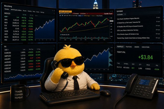A yellow chick wearing sunglasses and a shirt and tie sits at a multi-monitor trading desk covered with Bloomberg market data showing indices like SPX, NDX, DJI, FX pairs, a candlestick chart for $AAPL, top news headlines, and a "TODAY'S P&L" of +$3.84—exhaustedly talking on the phone beside a "TRADE. COFFEE. REPEAT." mug, perfectly capturing the "Wall Street isn't ready for Chickie @larp_coinsol $LARP" theme of a chaotic trading day for the feathered mascot.