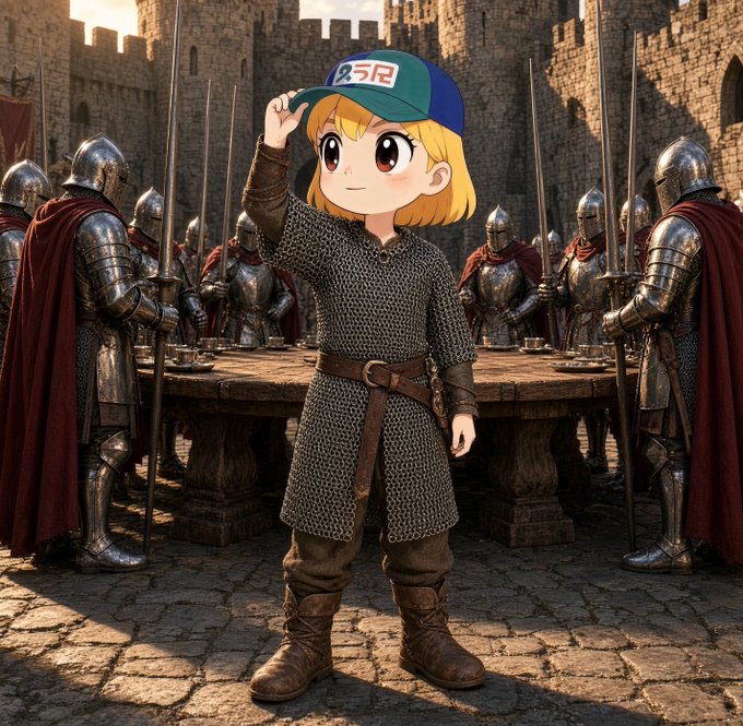 An AI-generated image blending anime and medieval styles, featuring a chibi-style cartoon girl with blonde hair and a green cap standing in front of armored knights and a stone castle.