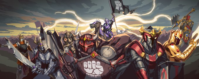 Stylized armored warriors with weapons and a pirate flag bearing a skull logo, associated with the $DUDE crypto token branding.