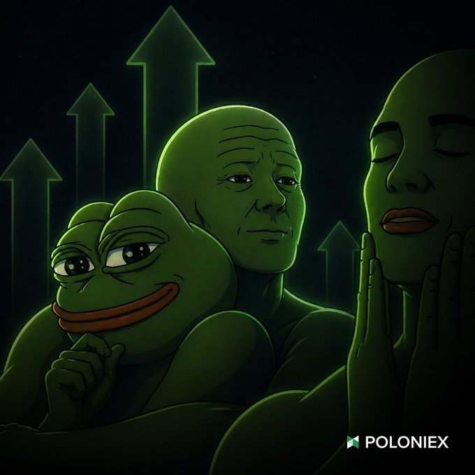 The image features three Pepe the Frog figures with green skin, depicting different emotional states (smug, contemplative, and serene) against a dark background with upward-pointing arrows, symbolizing a rising trend, with the "POLONIEX" logo in the corner. The scene reinforces the post's message by portraying Pepe as a multifaceted icon, suggesting that being without the PEPE token leaves one as just an ordinary "ol'" person missing out on the cultural and financial momentum.