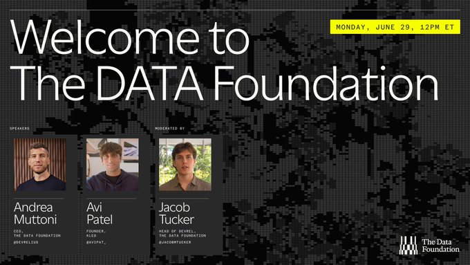The image is a promotional graphic for "The DATA Foundation" event scheduled for Monday, June 29 at 12PM ET, featuring speakers Andrea Muttoni (CEO of The Data Foundation) and Avi Patel (Founder, ALX, DAXT), moderated by Jacob Tucker (Head of Devel at The Data Foundation/@accelaborucker). The "$DATA" ticker in the accompanying post ties directly to the event branding, emphasizing the community's focus on building the future of the AI data economy.