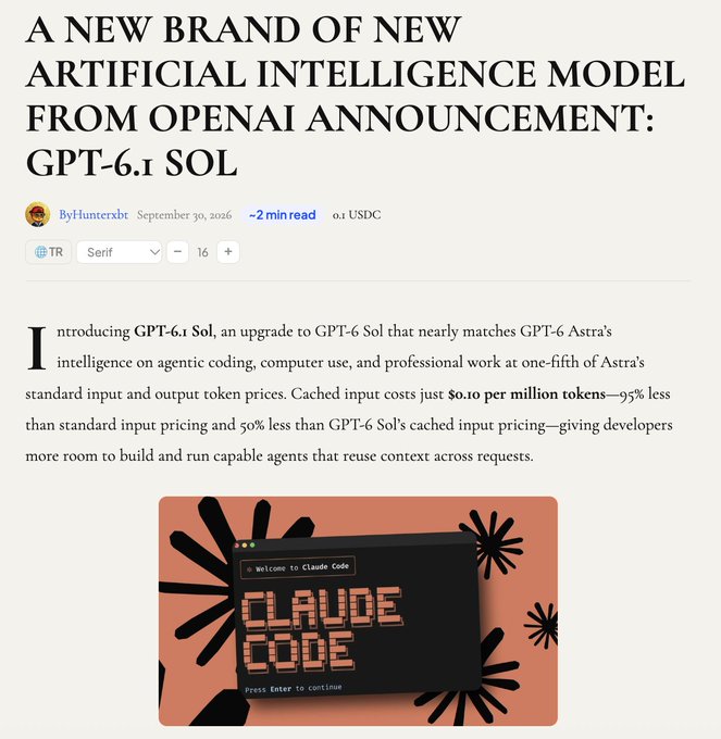 An article titled 'A NEW BRAND OF NEW ARTIFICIAL INTELLIGENCE MODEL FROM OPENAI ANNOUNCEMENT: GPT-6.1 SOL' by Hunterxbt, dated September 30, 2026.