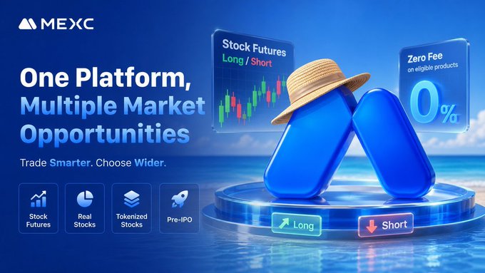 A promotional banner for MEXC exchange advertising 'One Platform, Multiple Market Opportunities' for trading stock futures with zero fees, featuring a cartoon character wearing a straw hat.