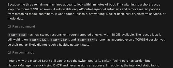 A coding log shows a rescue loop for SSH-unresponsive Spark machines (`spark-2822`, `spark-2384`, and `spark-557f`) while `spark-de5c` remains responsive with 118 GiB available. It connects to the post’s “Codex networking sparks casually” theme by showing Codex autonomously diagnosing networking issues and applying static fabric settings to restore the cluster.