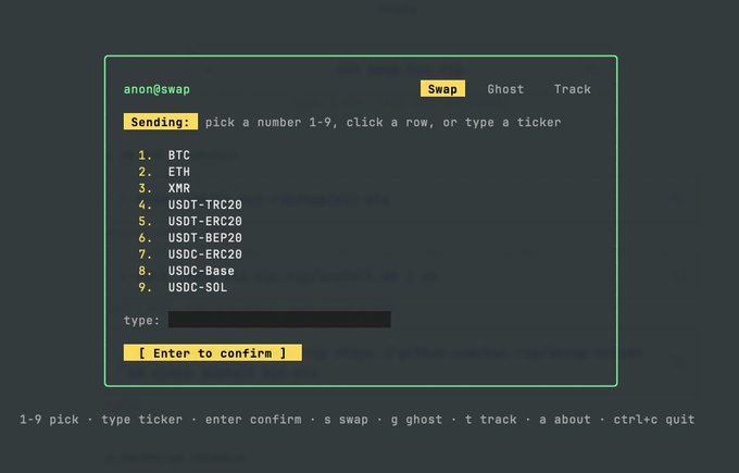 A terminal interface for 'anon@swap' cryptocurrency swap tool, showing options to swap BTC, ETH, XMR, USDT-TRC20, USDT-ERC20, USDC-BEP20, USDC-ERC20, USDC-Base, or USDC-SOL.
