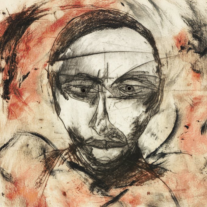 An expressionistic charcoal and red pastel drawing of a face with intense eyes.