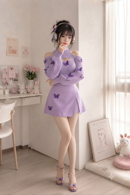 A young woman in a pastel room wearing a purple butterfly-motif off-shoulder crop top and pleated mini skirt with matching heels, styled with a Matisse line-art poster and bunny plush in the background.