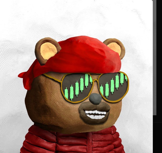 A 3D rendered bear wears a red bandana, a red jacket, and sunglasses reflecting green stock candlestick charts against a white background.