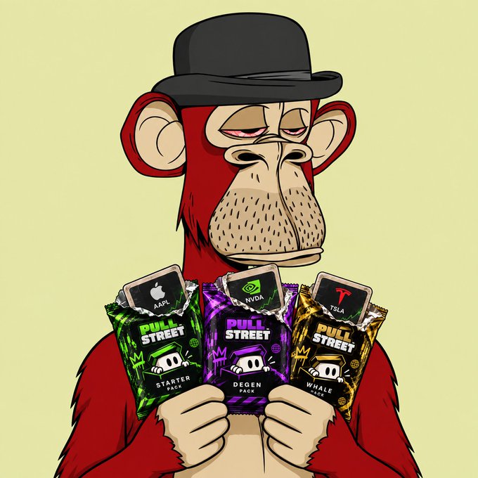 An illustrated red monkey wearing a black bowler hat holds three packs of 'PULL STREET' trading cards featuring cartoon mascots for AAPL (Starter Pack), NVDA (Degen Pack), and TSLA (Whale Pack).