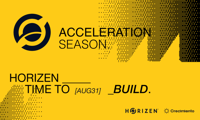 A yellow promotional graphic for 'ACCELERATION SEASON' by Horizen and Crecimiento, announcing 'TIME TO [AUG 31] _BUILD.'