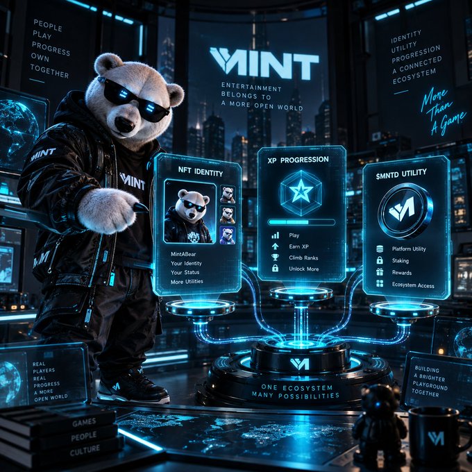A futuristic blue-lit scene features a bear mascot in sunglasses and a "MINT" jacket pointing toward three holographic panels labeled "NFT IDENTITY," "XP PROGRESSION," and "$MNTD UTILITY," with the tagline "ENTERTAINMENT BELONGS TO A MORE OPEN WORLD." The image visually reinforces the post's point about separating roles between NFT and token by clearly dividing identity/status functions from platform utility and rewards.