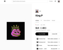 An OpenSea NFT listing page shows a profile named 'King P' with a pink Pepe-style character wearing a crown, priced at $15 with a 7-day floor of $3.