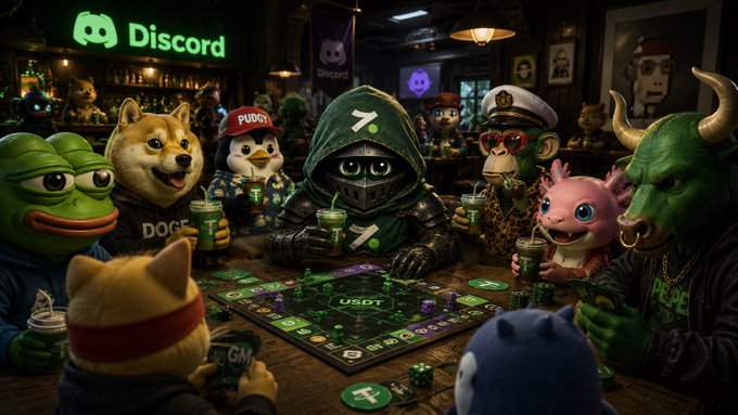 A group of meme coin mascots, including Doge, Pepe, and Pudgy Penguins, gather around a board game table with a glowing Discord banner above them, promoting weekly USDT prize events for joining the Hotcoin Discord server.