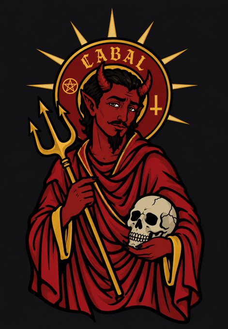 A stylized illustration of a red devil figure wearing robes, holding a golden trident and a skull, with a halo behind him labeled 'CABAL' featuring a pentagram and cross.