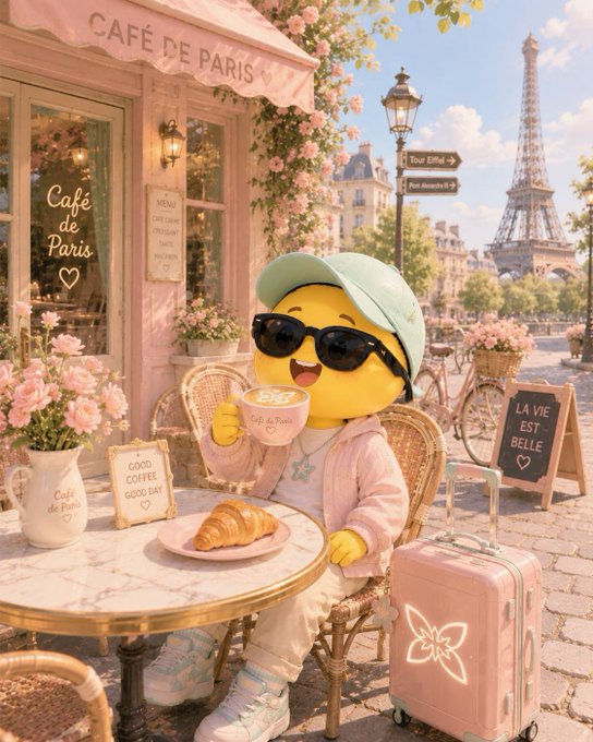The image features a cartoon character wearing sunglasses and a hat sitting at an outdoor table with a cup of coffee, surrounded by flowers and potted plants. The scene takes place outside a Parisian cafe or restaurant, which has a pink color scheme. There is also a sign in the background that reads "@quipnetwork".
