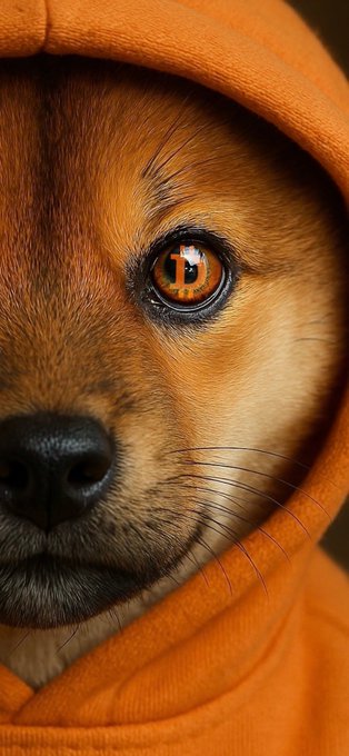 A close-up portrait of a brown dog wearing an orange hoodie, with a Bitcoin 'B' symbol reflected in its eye.