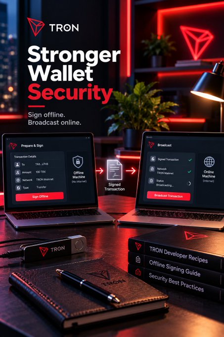 A TRON promotional image for “Stronger Wallet Security” shows laptops displaying offline signing and broadcast transaction screens, alongside crypto hardware and books labeled “TRON Developer Recipes,” “Offline Signing Recipes,” and “Security Best Practices.”