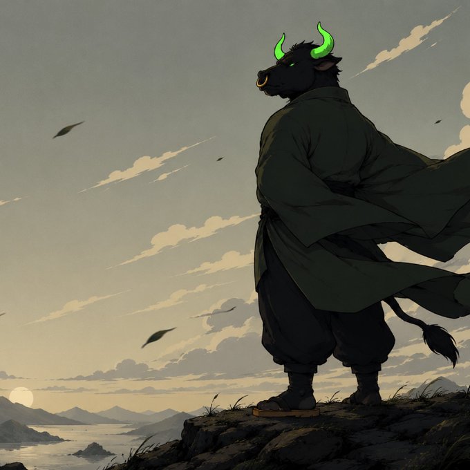 An anime-style illustration of an anthropomorphic black bull with glowing green horns wearing a dark green robe, standing on a cliff overlooking a landscape at sunset.