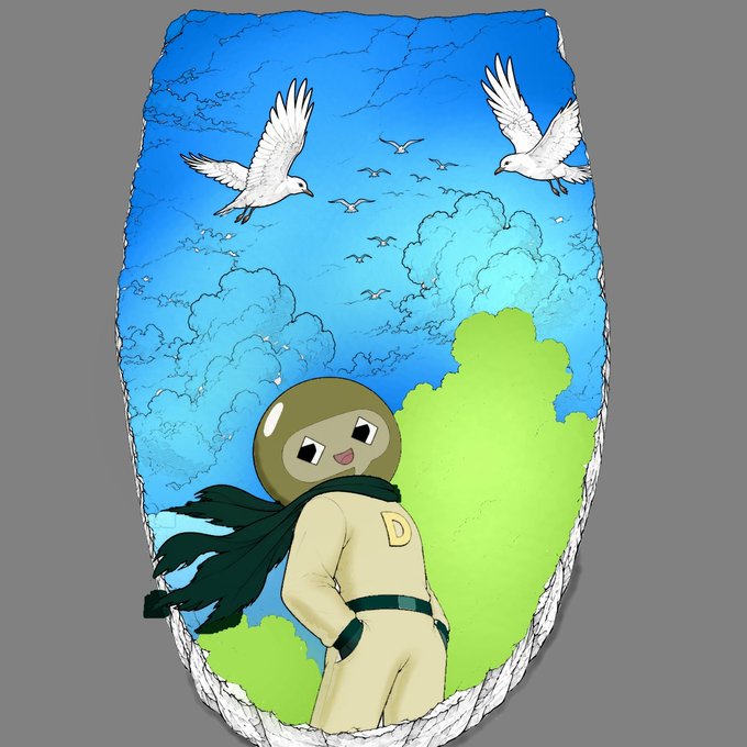 An illustration shows a chibi-style character in a spacesuit with a 'D' on the chest and a flowing scarf, set against a blue sky with white doves flying overhead.