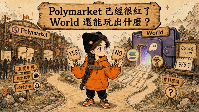 A cartoon illustration in Chinese and English titled 'Polymarket World', depicting a girl holding 'YES' and 'NO' signs standing between a traditional Polymarket prediction booth and a new 'World' app gateway, with text mentioning features like real money betting, original teaching, and continuous interaction.
