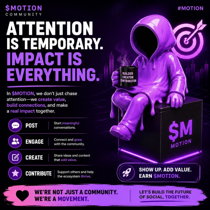 A promotional graphic for '$MOTION COMMUNITY' featuring the slogan 'ATTENTION IS TEMPORARY. IMPACT IS EVERYTHING.' alongside an illustration of a figure in a melting purple hoodie holding coffee.