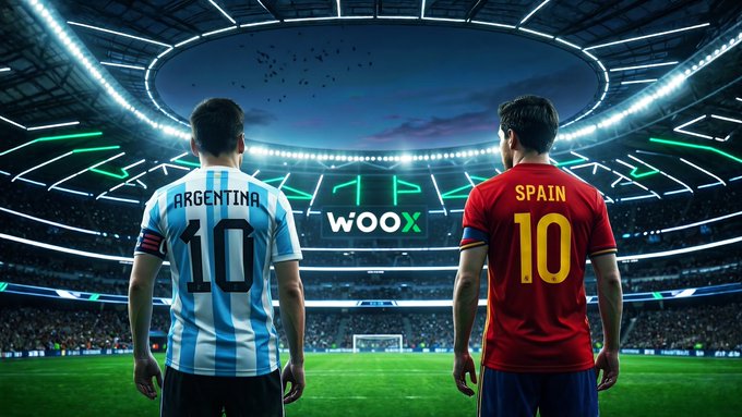 Two soccer players stand face-to-face on a stadium pitch, one wearing an Argentina #10 jersey and the other a Spain #10 jersey, with the WooX logo displayed on the stadium screen behind them in a matchup graphic that visually represents the "Argentina vs Spain" debate posed by the post asking fans to pick a winner.