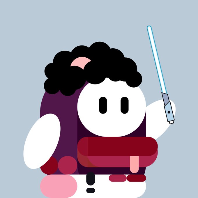 Cartoon illustration of a round white character with curly black hair holding a blue lightsaber, dressed in purple and red robes.
