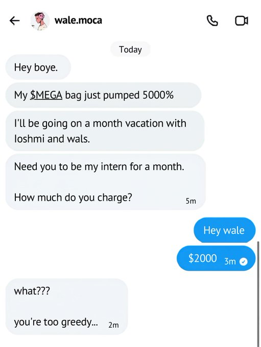 A screenshot of a chat with 'wale.moca' where the sender brags about their $MEGA bag pumping 5000%, asks the recipient to be their intern for a month, and responds 'you're too greedy...' to a $2000 counteroffer.