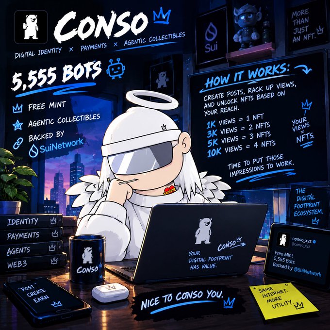 Promotional graphic for 'CONSO' featuring an anime-style character with sunglasses and a laptop, advertising 5,555 free mint agentic collectibles on SuiNetwork with views-to-NFTs earning system (1K-10K views = 1-4 NFTs).