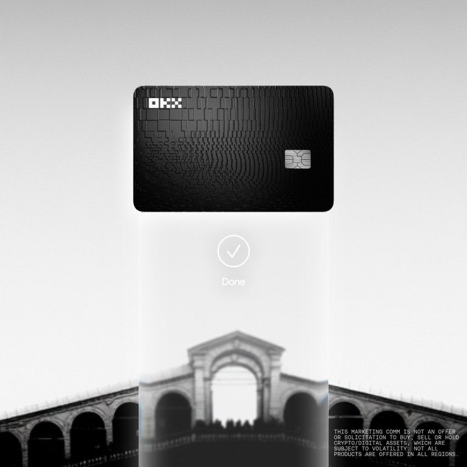 A black OKX credit card with an EMV chip is displayed above a confirmation screen showing a "Done" checkmark, alongside a grayscale image of an archway and a disclaimer stating "THIS MARKETING COMM IS NOT AN OFFER OR SOLICITATION TO BUY, SELL, OR HOLD CRYPTO/DIGITAL ASSETS...NOT ALL PRODUCTS ARE OFFERED IN ALL REGIONS." The image visually reinforces the post's message about the OKX Card's straightforward cashback rewards and perks in Europe.