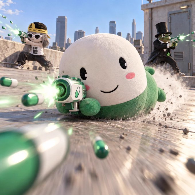 A fluffy white and green mascot character with a smiling face holds a futuristic green gun, flanked by two small figures in suits and hats also firing weapons on a rooftop with a city skyline behind them.