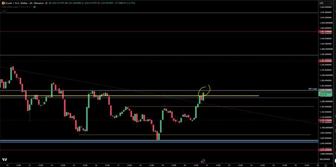 A TradingView chart shows **ZEC/USD** on a 2-hour timeframe, with price breaking above a yellow horizontal resistance near **$1.65** and a yellow circle highlighting the recent bullish move. The caption references all short orders being filled, with the trader expecting a further squeeze higher before a sharp dump toward the September low.