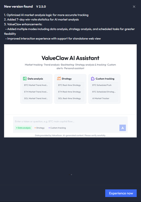 The image shows a "ValueClaw AI Assistant" interface with three feature modes—Data Analysis, Strategy, and Custom Tracking—covering BTC, ETH, and SOL market trend analysis and real-time strategies, alongside a 7-day win-rate statistics feature for AI market analysis, promoting the V2.5.0 update of ValueScan's AI-powered crypto market tracking and backtesting platform.