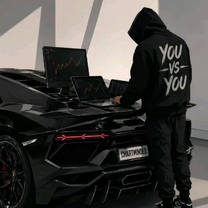A person in a black hoodie with 'YOU VS YOU' text on the back standing at the rear of a black Lamborghini working on laptops displaying stock/crypto charts.