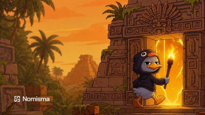 An illustrated digital artwork branded 'Nomisma' featuring a cartoon duck character in a penguin costume holding a torch, walking through ancient Aztec/Mayan ruins at sunset.