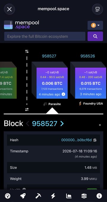 A screenshot of mempool.space displaying Bitcoin Block #958527 mined by Parasite Pool 4 minutes ago, with details showing 7,123 transactions and a block reward of 0.006 BTC.

Note: The image shows Block #958527 (not #958,212 as mentioned in the post), illustrating another recent Parasite Pool find though at a different block height than referenced.