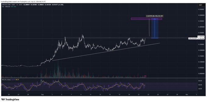 A TradingView chart of HBAR/USDT showing an upward trend with an ascending triangle pattern and a projected target of 0.30897.00.