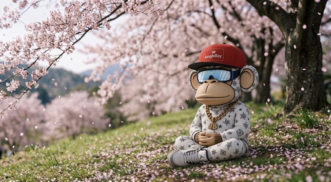 A Bored Ape-style monkey NFT character wearing a red 'JungleBoy' cap, sunglasses, and a gold chain sits meditating beneath cherry blossom trees with petals floating around.