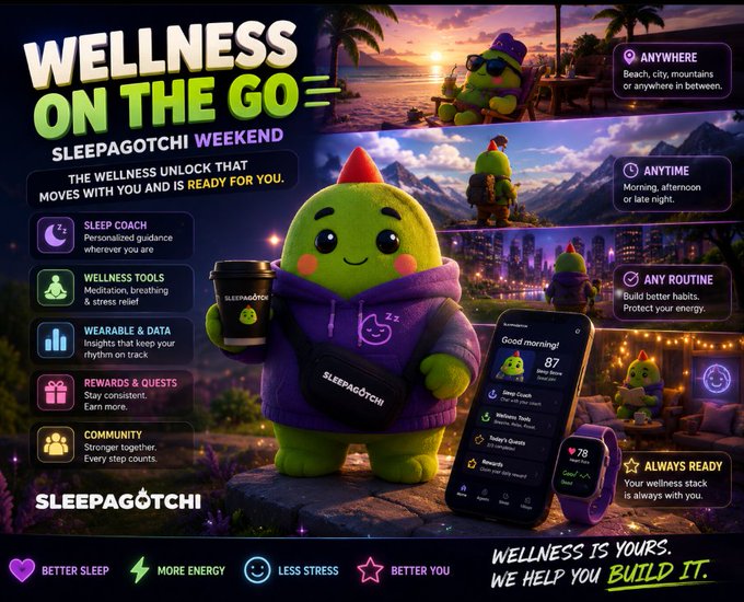 A promotional graphic for Sleepagotchi's "Wellness on the Go Weekend" features a green dinosaur-like mascot in a purple hoodie holding a branded cup, surrounded by feature highlights including a Sleep Coach, Wellness Tools, Wearable & Data, Rewards & Quests, and Community, with taglines emphasizing "Anywhere," "Anytime," and "Any Routine" alongside images of a beach, mountains, and city skyline.

The image visually reinforces the post's message by illustrating how the Sleepagotchi wellness app and wearable integrate into diverse environments—tropical beaches, mountain trails, and urban nightscapes—demonstrating that the user's health habits travel with them across any location or routine.