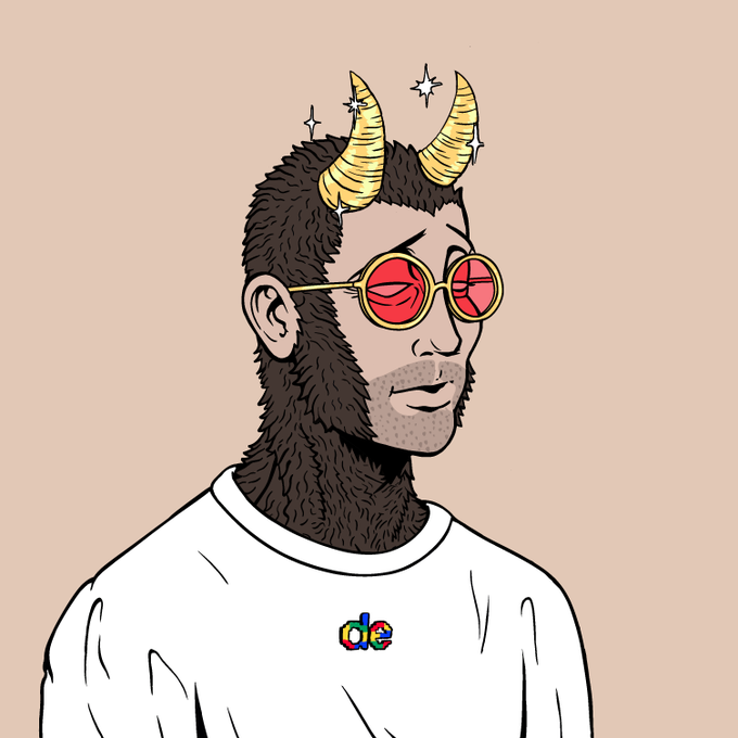 An illustrated character with golden horns, sunglasses, and dark fur is shown wearing a white shirt that displays the colorful "dle" logo, visually embodying the mischievous, "demonic" memecoin spirit referenced in the post about the $ANSEM airdrop on Bullpen that rewards active traders.